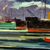 Oil painting Livorno 1975 port boats magnificent