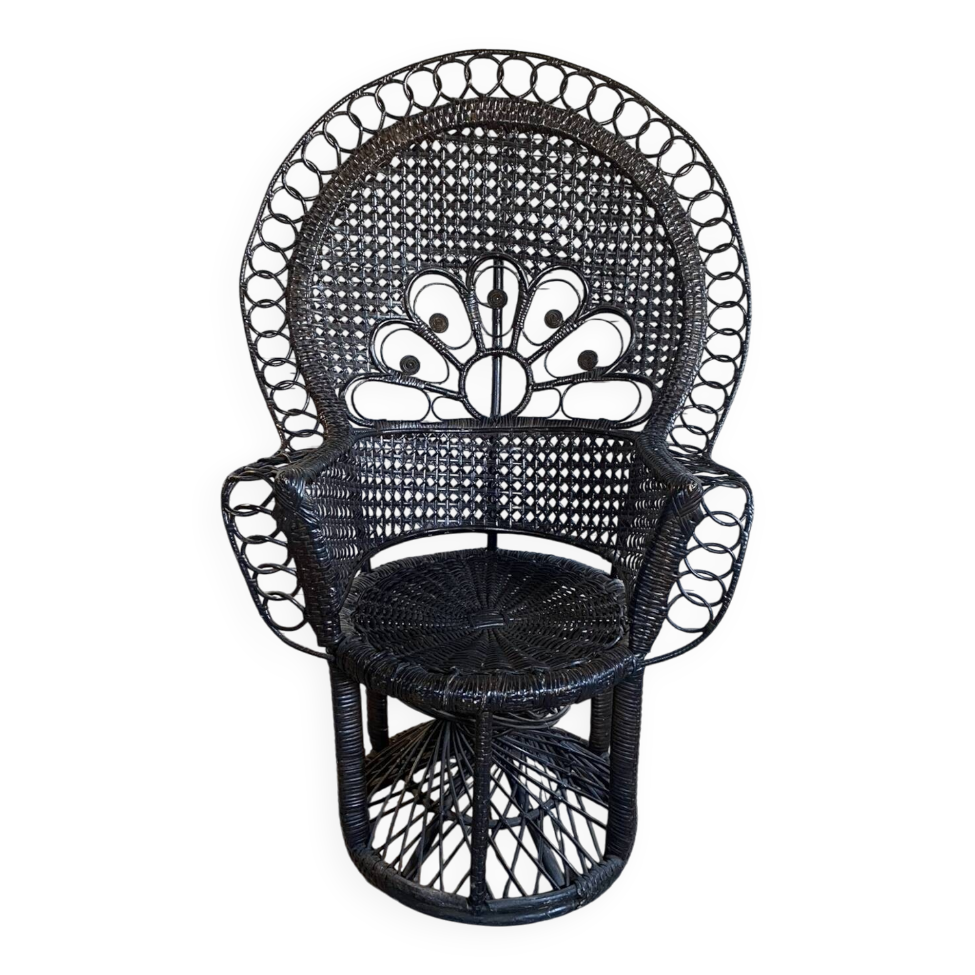 Emmanuelle armchair, peacock tail, rattan, wenge, vintage, 70s