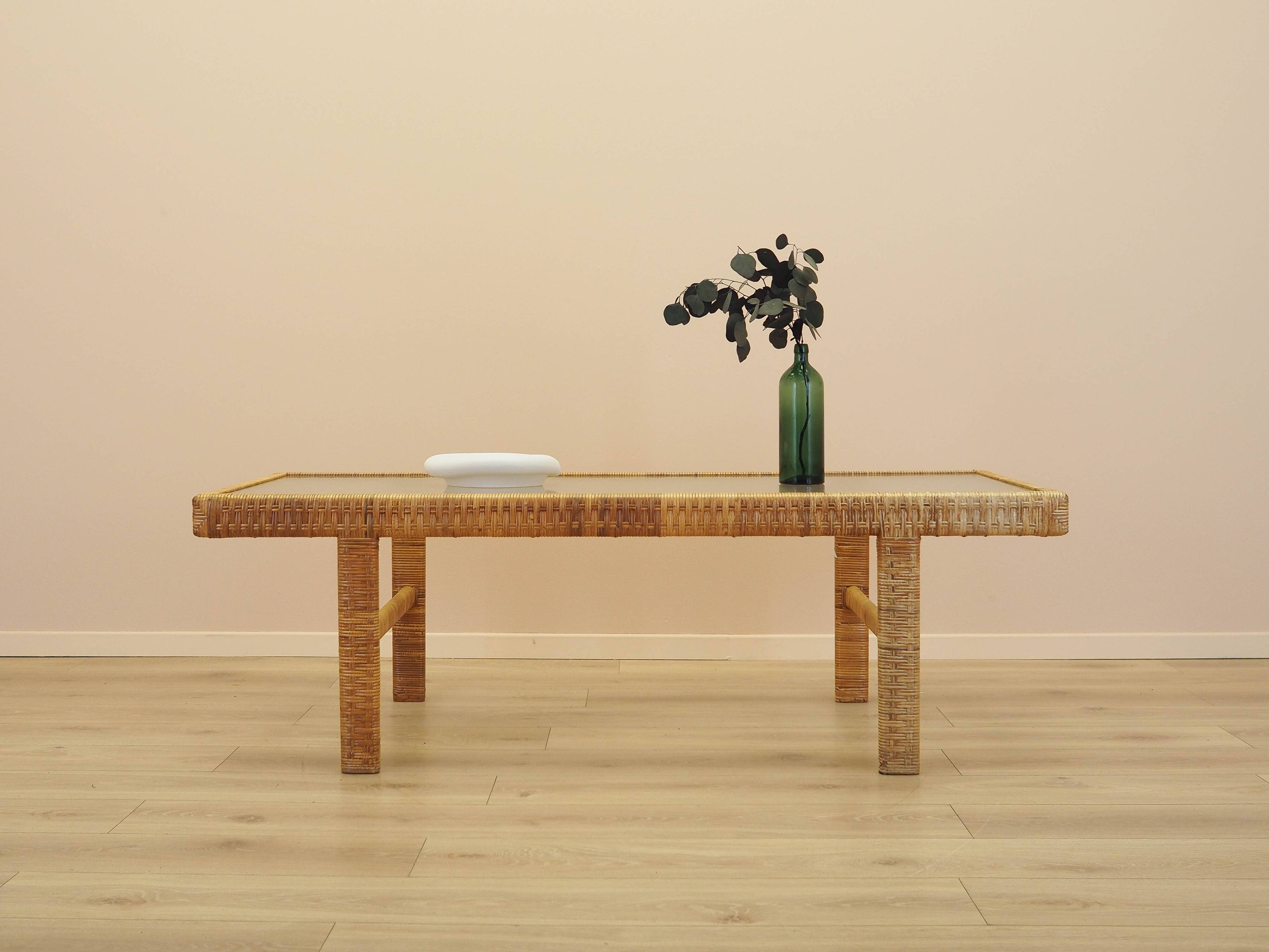 Glass and wicker side table, Danish design, 1970s, made in Denmark
