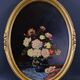 Pair of still life paintings bouquets oval golden frame