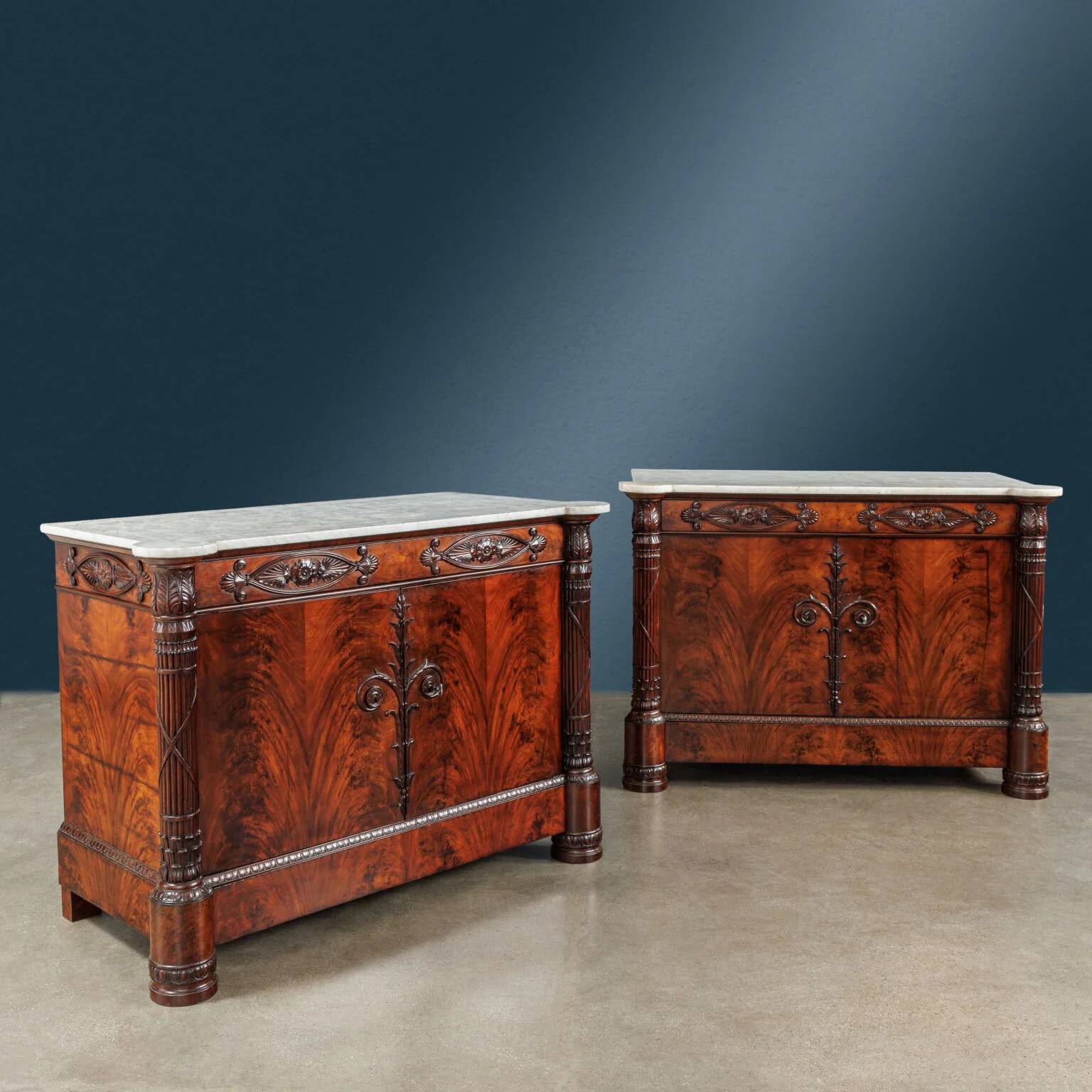 Restored antique buffets in chestnut, mahogany, and marble, 19th century.