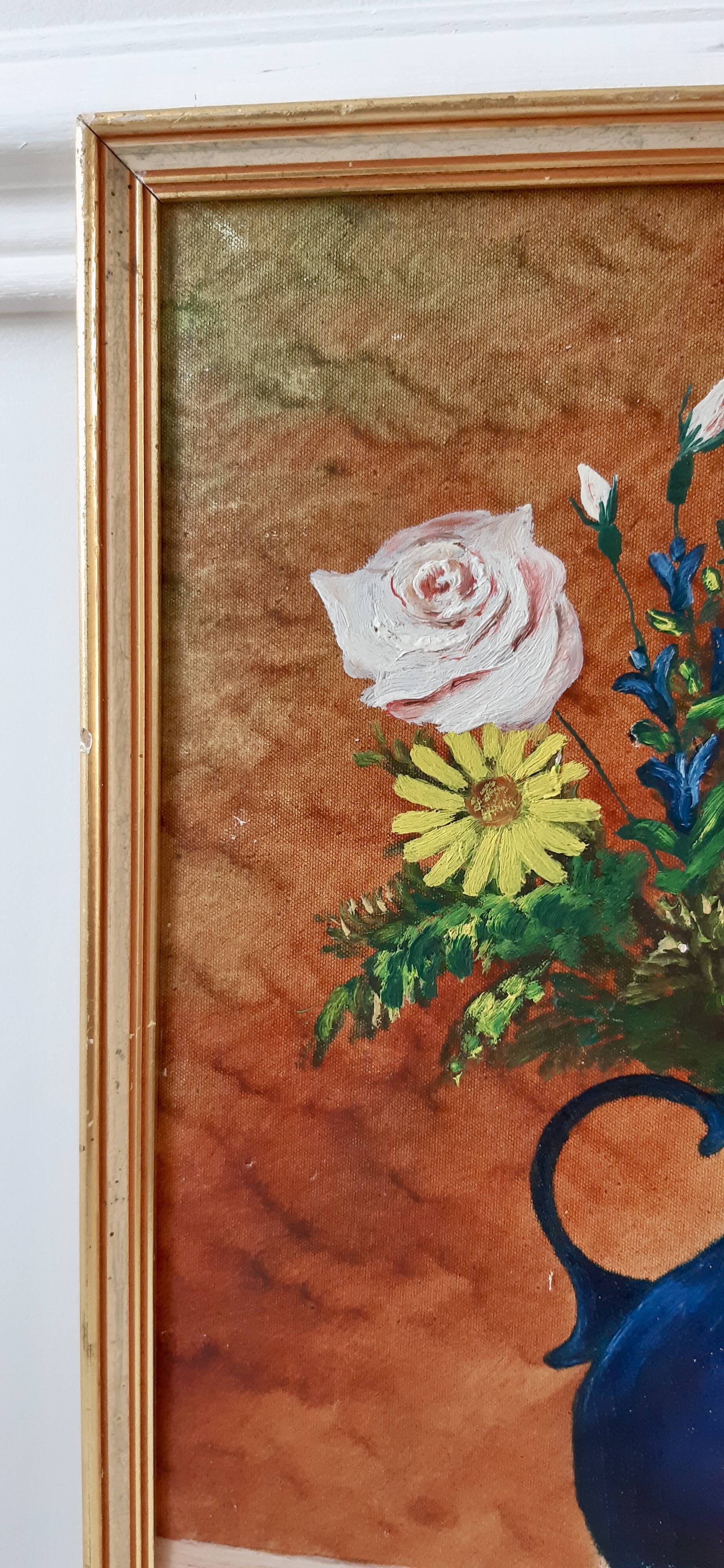 Painting / oil on cardboard framed vintage 50s