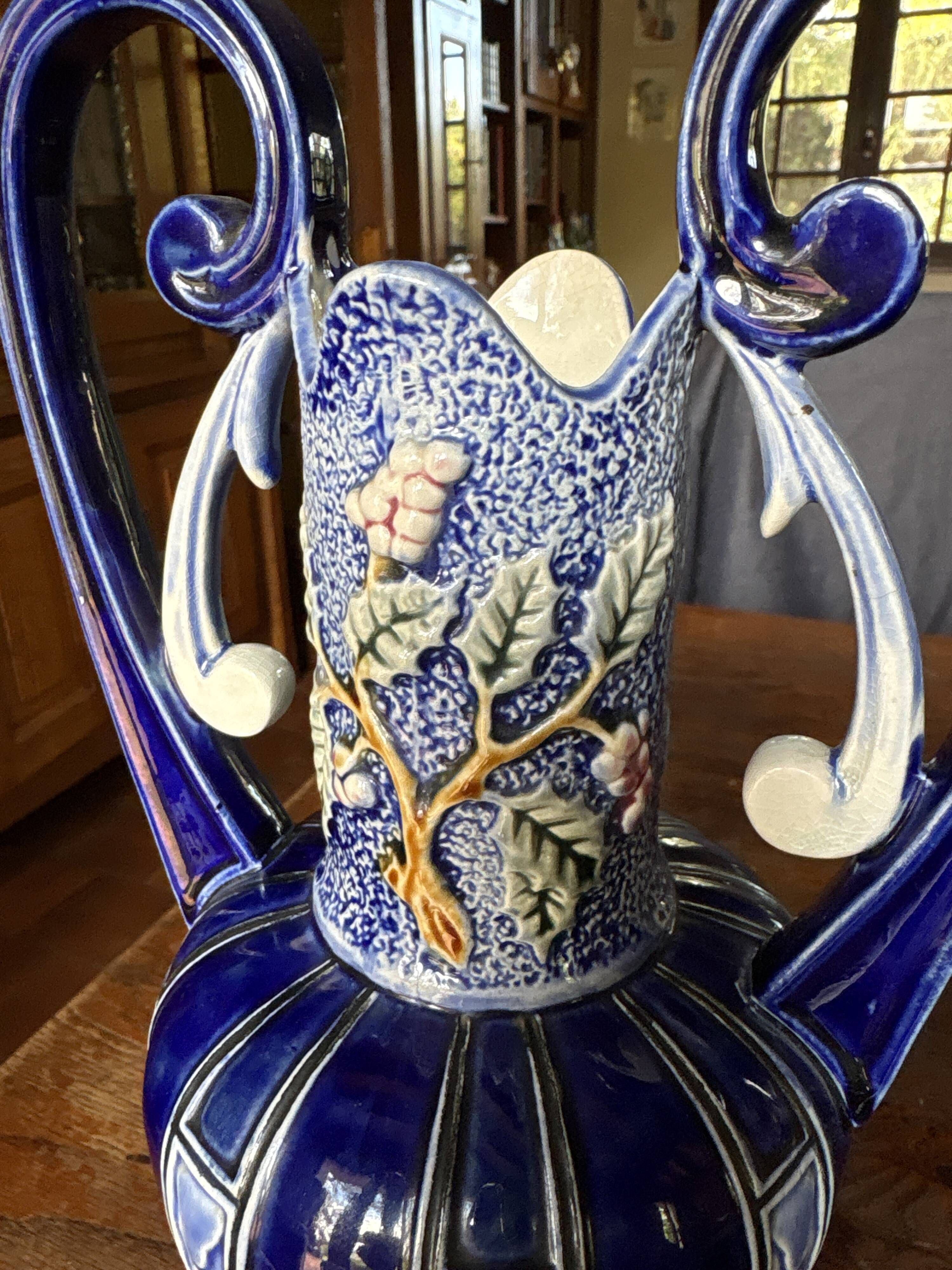 Art Nouveau amphora vase in glazed earthenware (barbotine style)