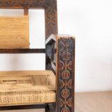 Neo-Basque sculpted armchairs in straw and oak, 1940s, set of 3