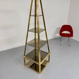 Étagère Pyramide design Hollywood Regency  Laiton Doré  Verre Fumé an. 60