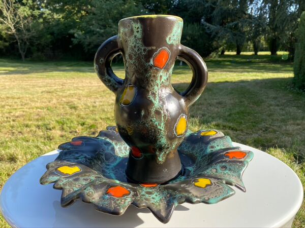 Vase et plat poet laval 1950/60 forme libre signé yvonne