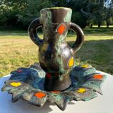 Vase et plat poet laval 1950/60 forme libre signé yvonne