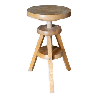 Tabouret atelier tripode sur pied vis en bois naturel 1970