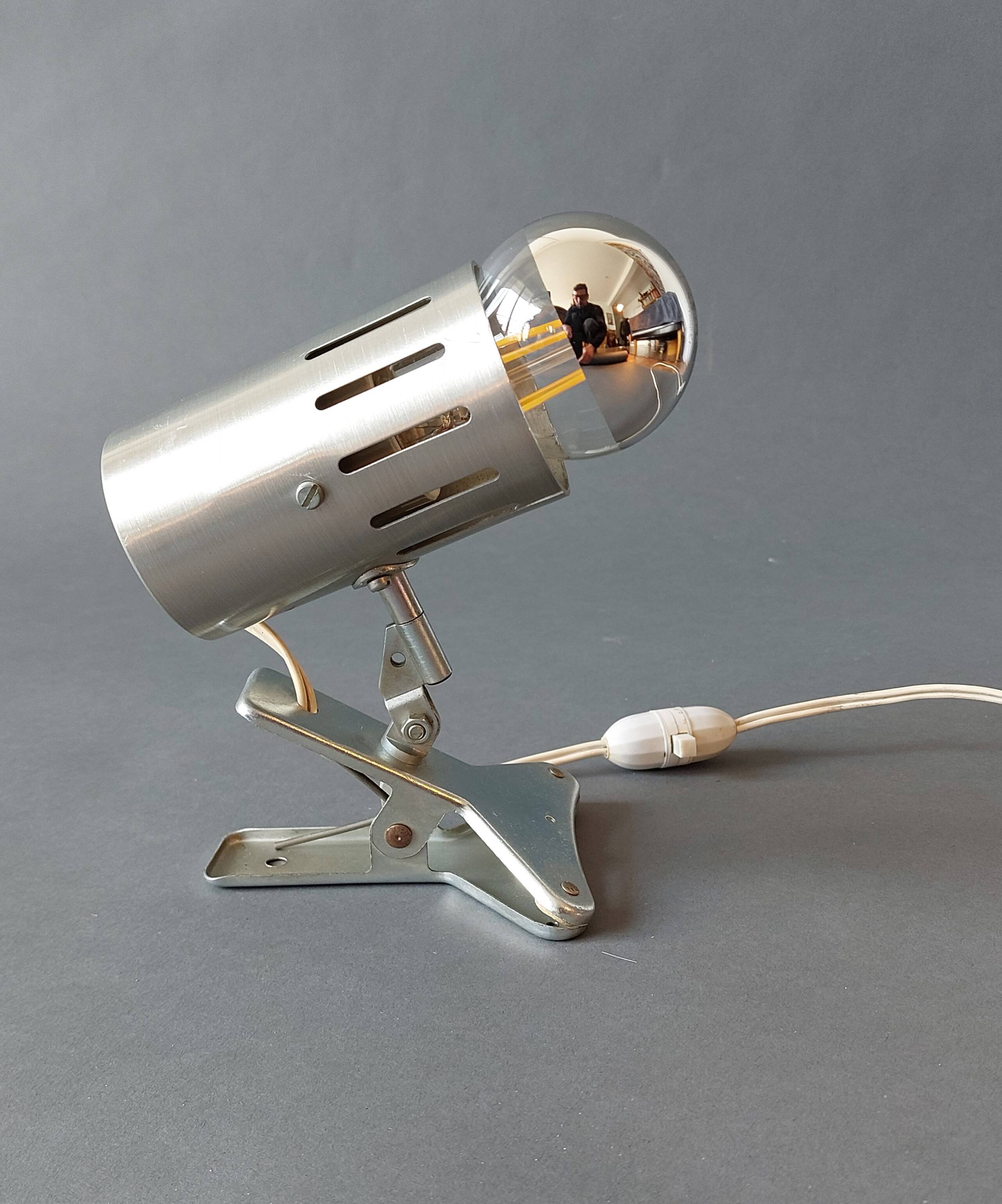 Vintage 1960 brushed aluminum clamp spotlight.