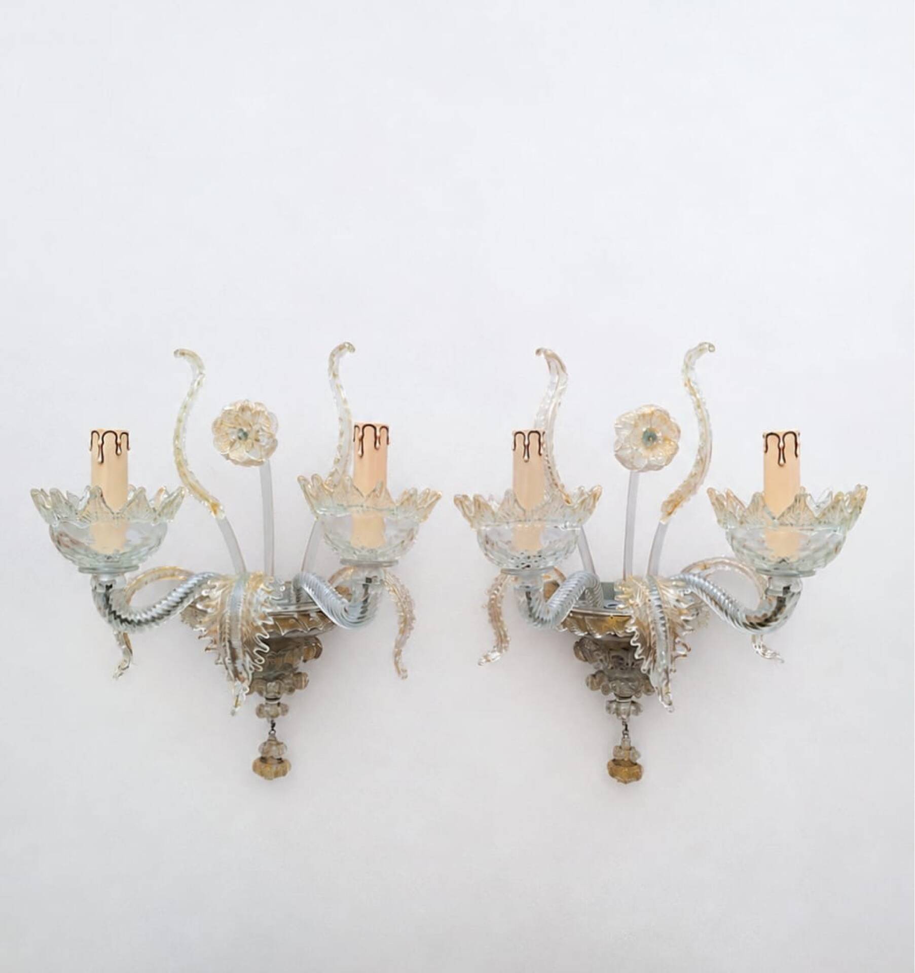 2 Murano glass wall sconces with gold leaves, vintage light fixtures.