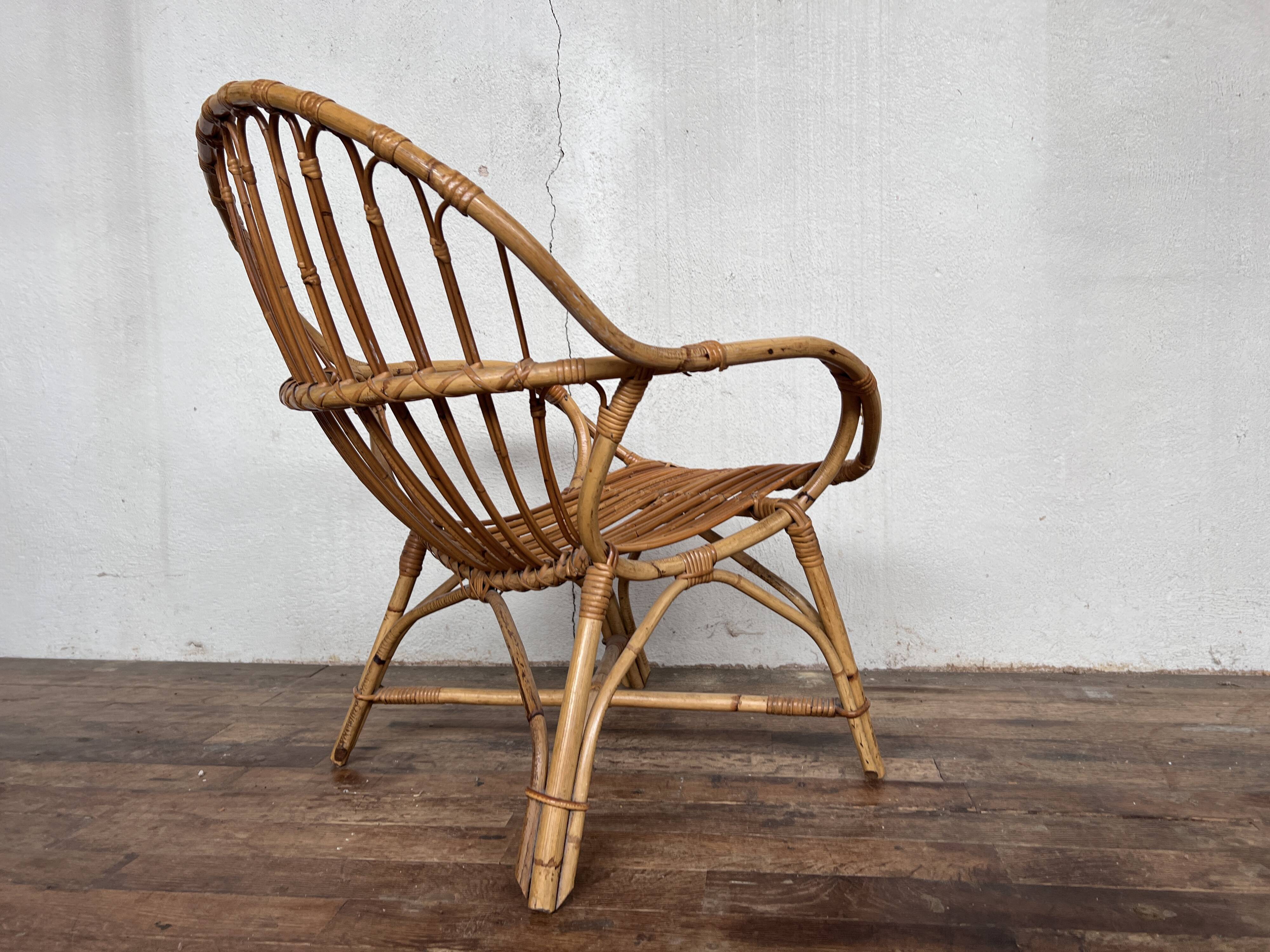 Fauteuil bohème shabby chic en rotin bambou 1950
