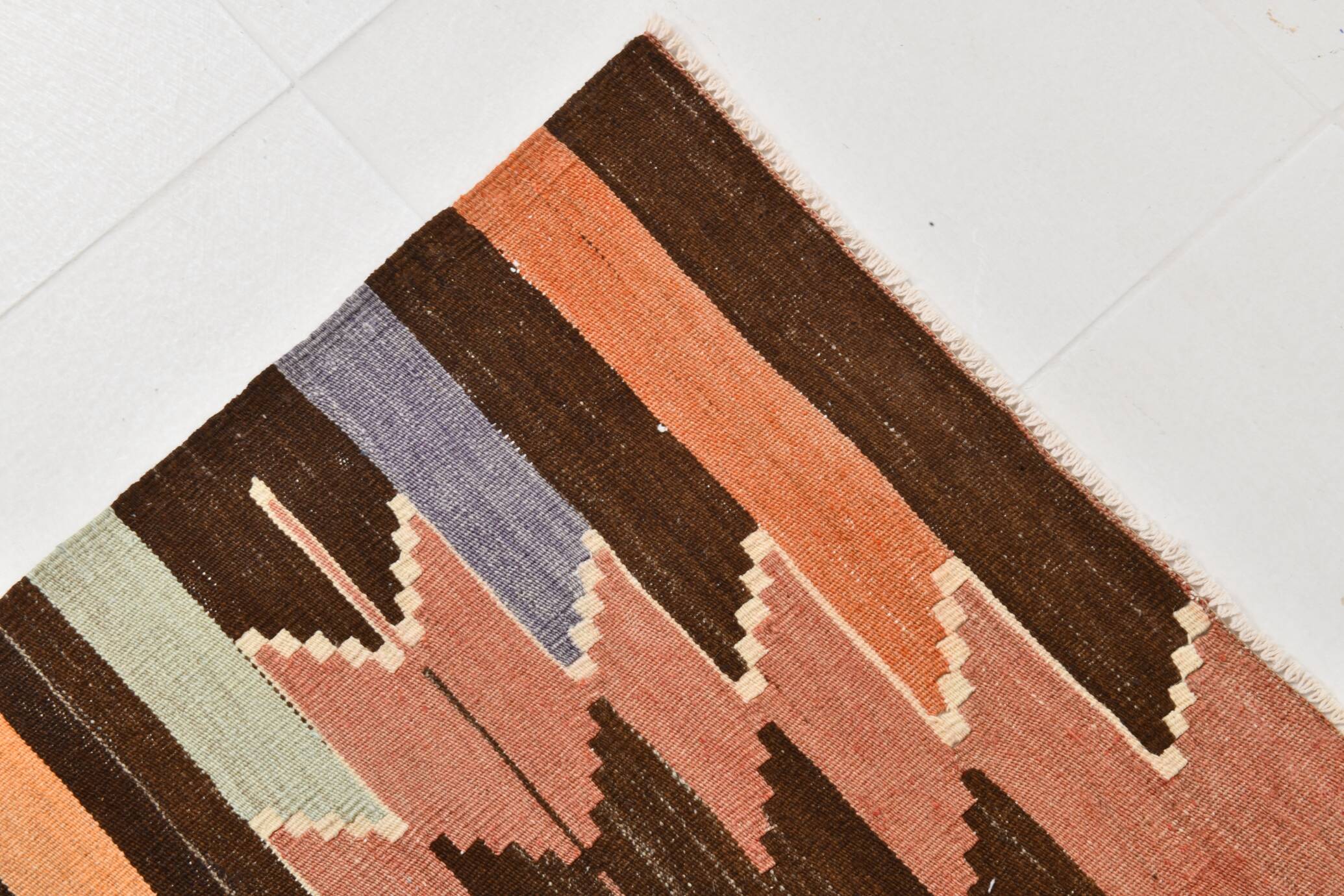 3x10 Orange  Brown Geometric Kilim Runner Rug, Handmade Wool Rug, 108x297Cm