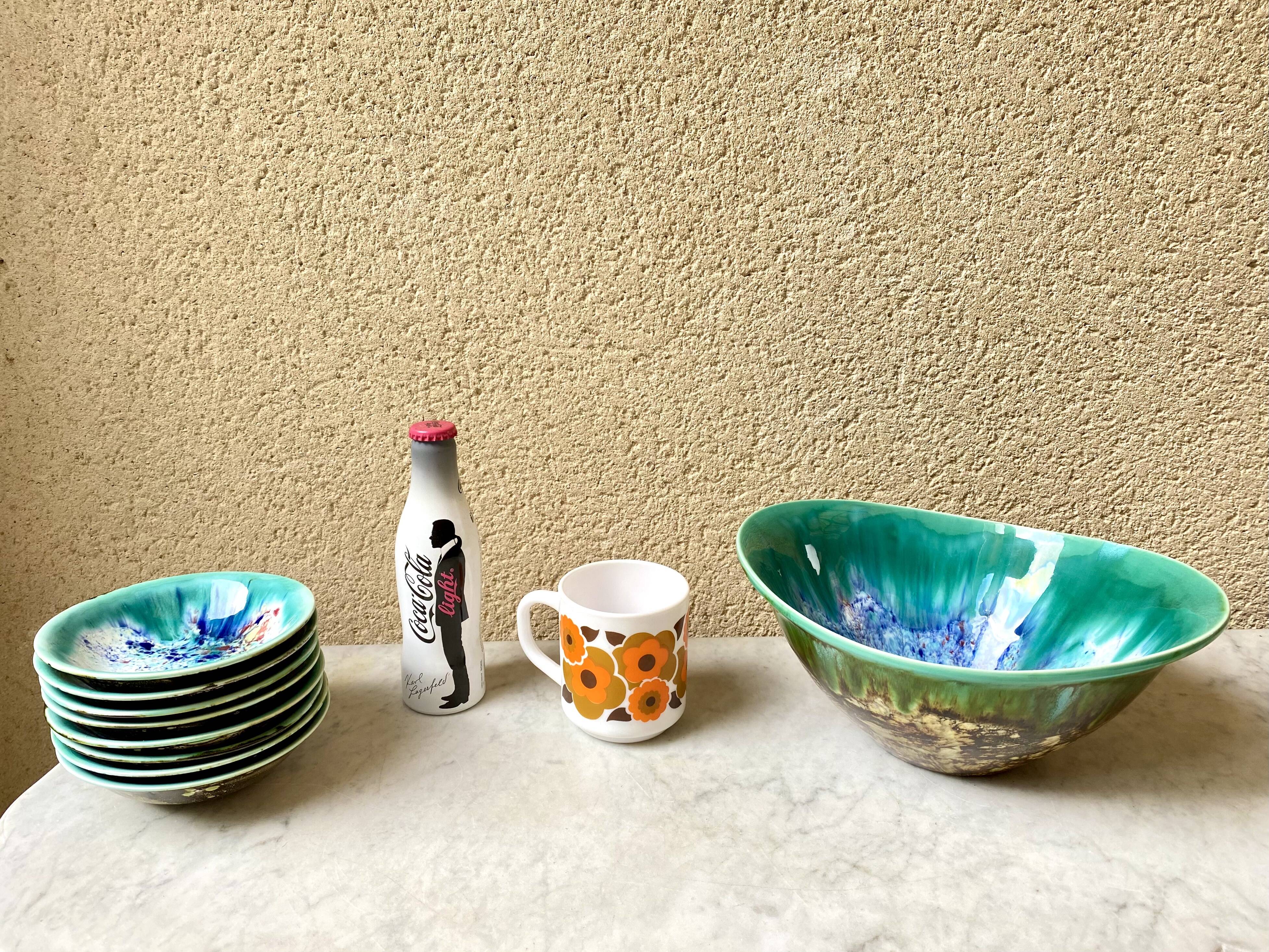 Salad bowl dessert service & 8 ramekins sandstone from the vintage Morvan 70s