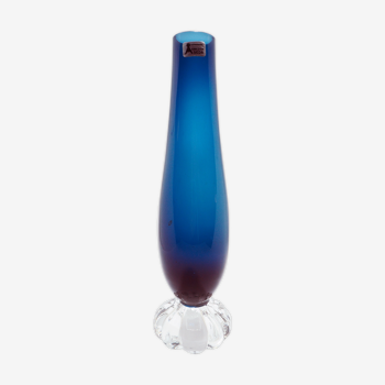 Vase en verre bleu Aseda avec étiquette