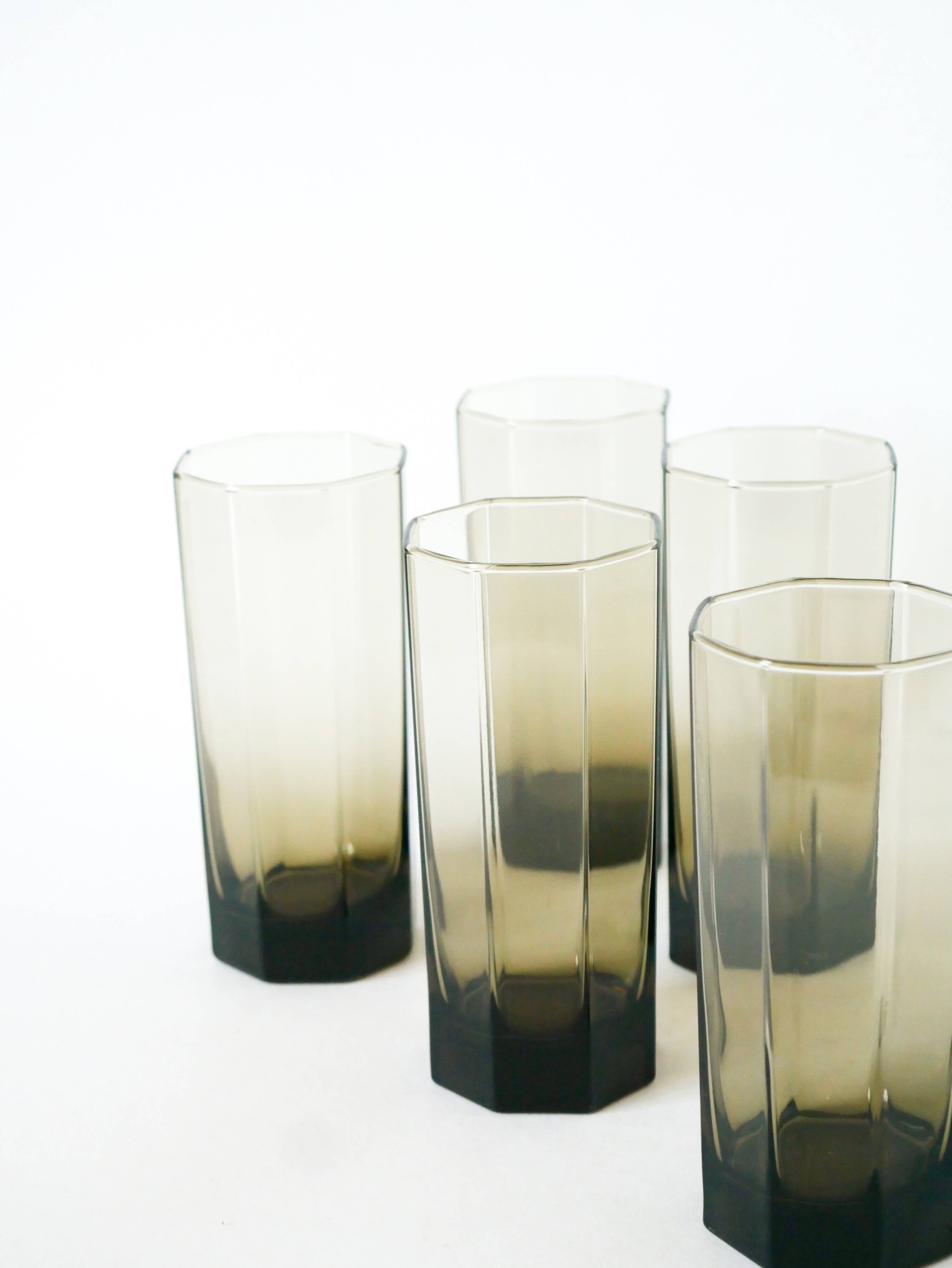 Set of 6 octagonal Long Drink glasses, smoked glass, design, 1970 - 15