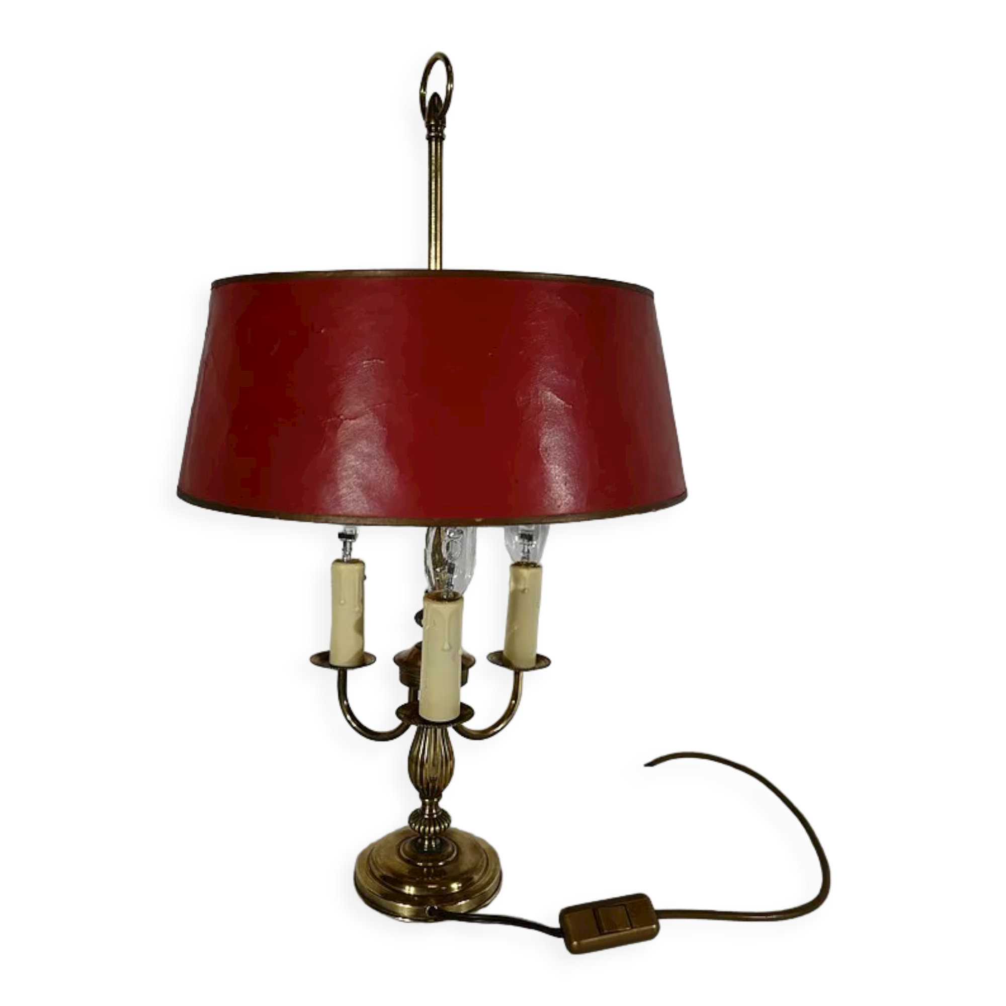 Brass bouillotte lamp with red lampshade, Louis XVI – XXth style