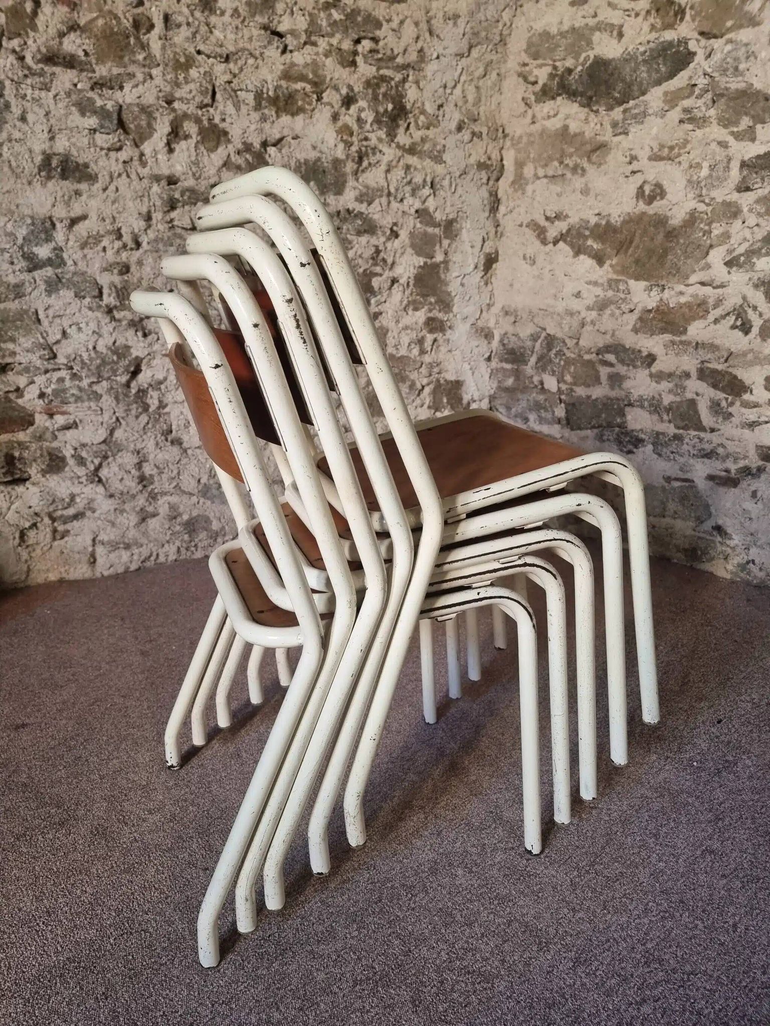 Vintage French school chairs – 1960s industrial cafe seats (set of 5)