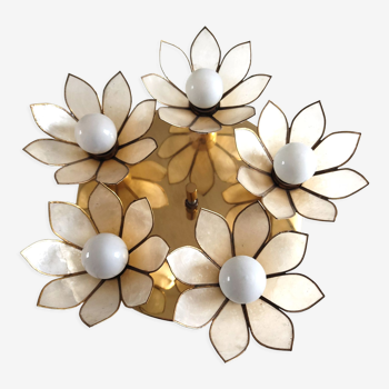 Ceiling lamp flowers in mother-of-pearl and brass house Boulanger 1970