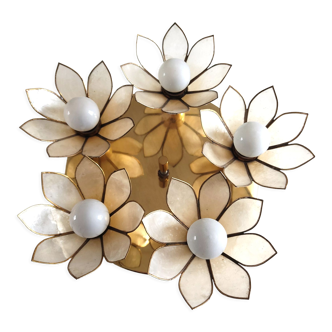 Ceiling lamp flowers in mother-of-pearl and brass house Boulanger 1970