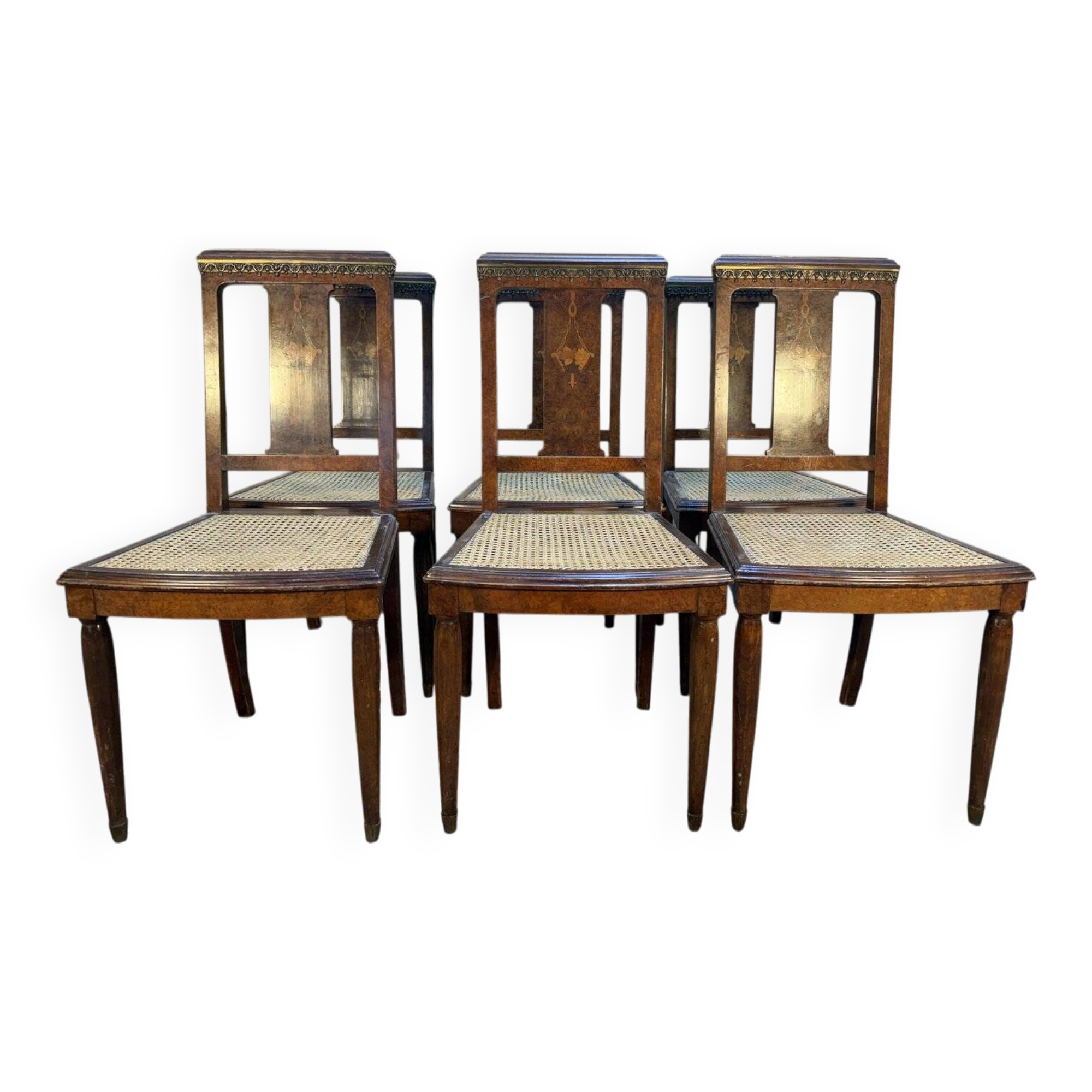 Set of 6 Art Deco chairs in marquetry and caning.