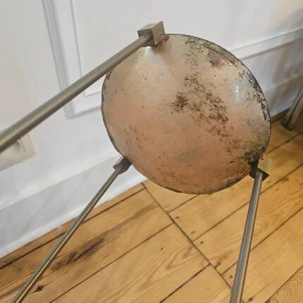 Vintage tripod metal side table with a blue brass bowl.