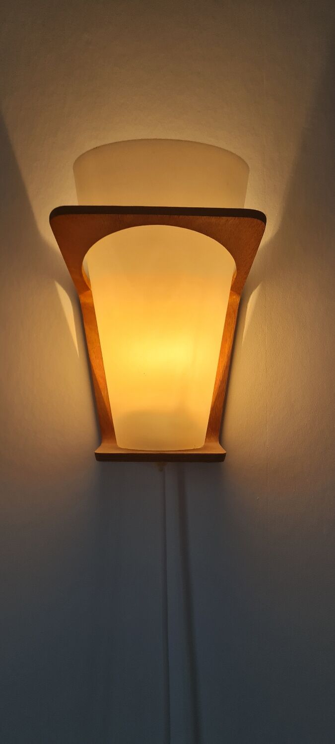 Pair of Louis Kalff frosted wood and opaline sconces