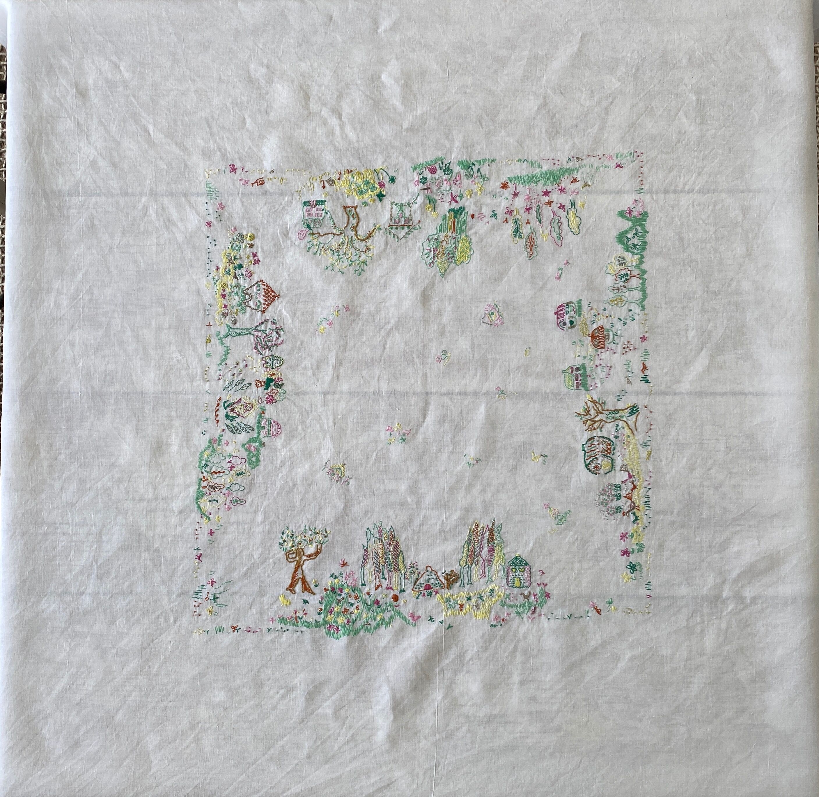 Square tablecloth embroidery naïve hand multicolored - linen threads - 110x110 cm
