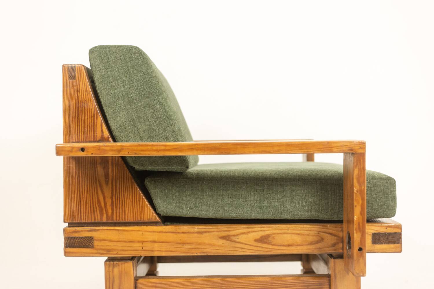 Pair of modernist style armchairs in pitch pine. 1960s.