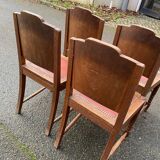 4 Art Deco gondola chairs in solid oak with burgundy faux leather, 1930s.