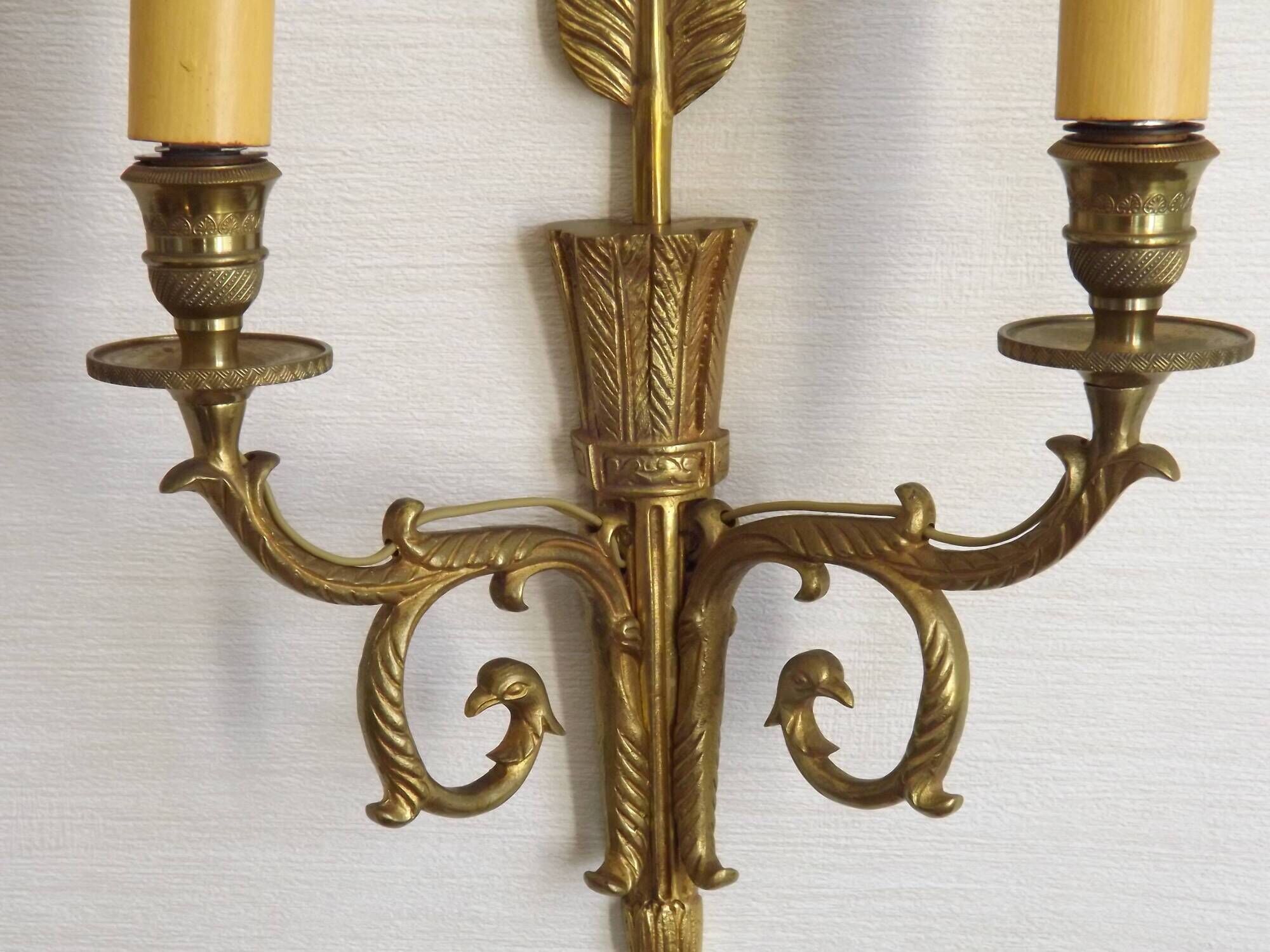Vintage French Empire Arrow & Quiver Eagle Head Bronze Double Wall Sconces