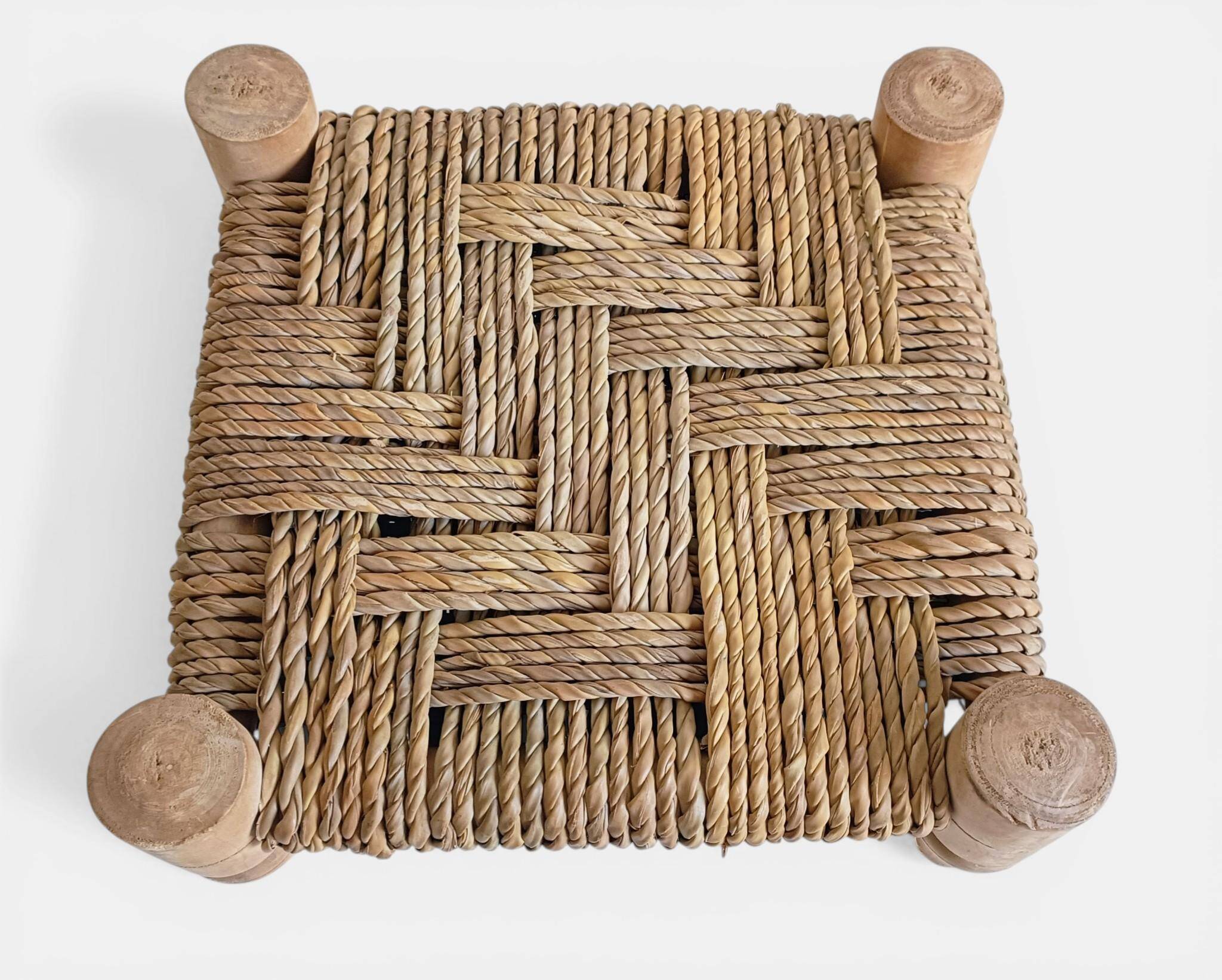 Organic Modern Turned Wood and Rope Footstool in the Style of Charlotte Perriand