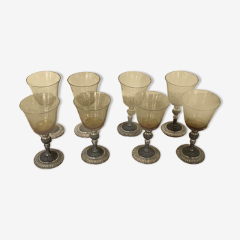 Set of 8 glasses in brass and glass
