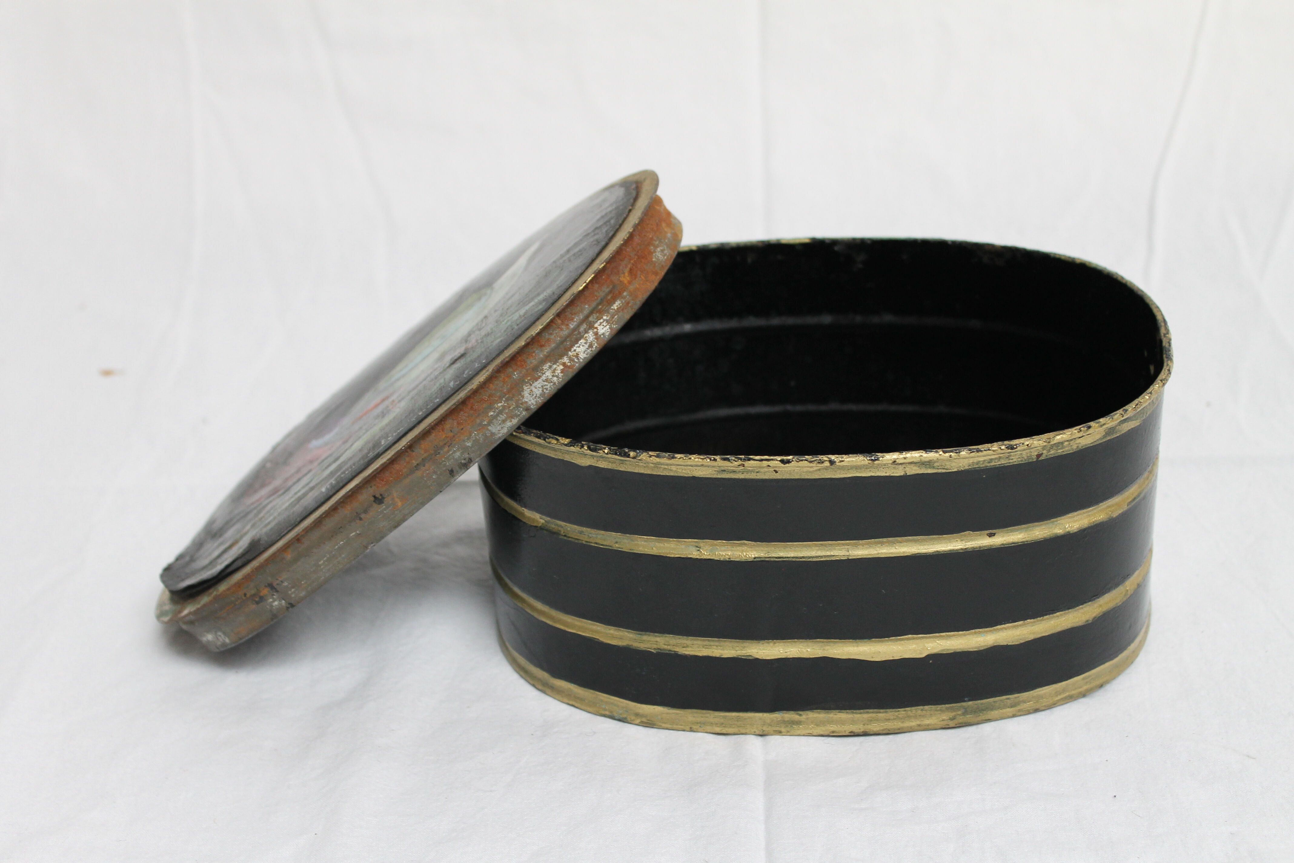 Napoleon III style metal box with painted and signed leather