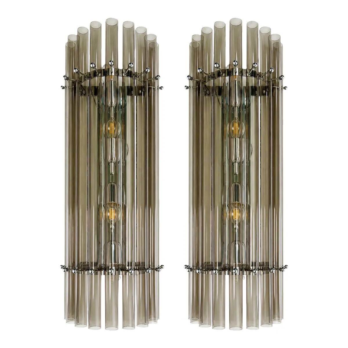 Contemporary Modern Smoked-Fumè Glass Pipes Wall Sconces-Set of Two