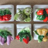 6 porcelain name tags in vintage fruit and vegetable slip