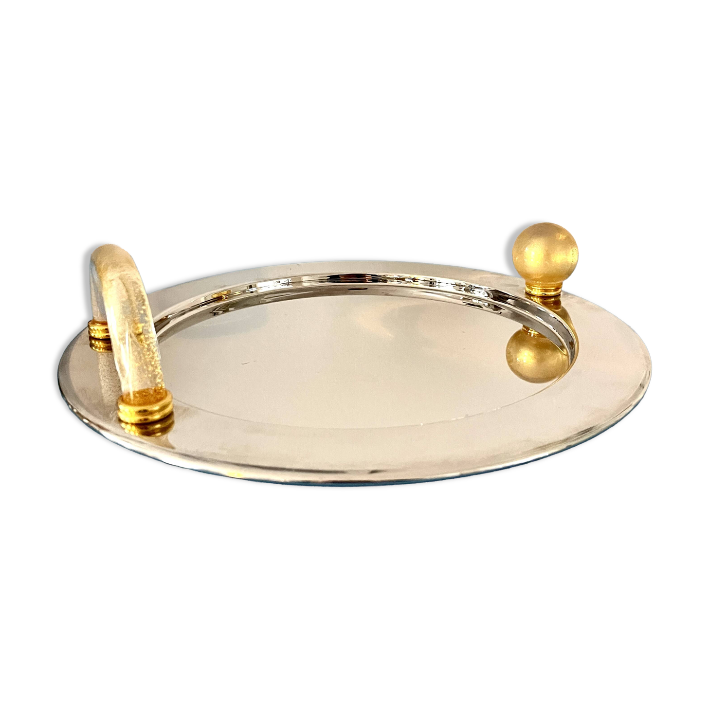 Vintage Palladium-Plated Serving Tray with Murano Glass Handles, Italy, 80s