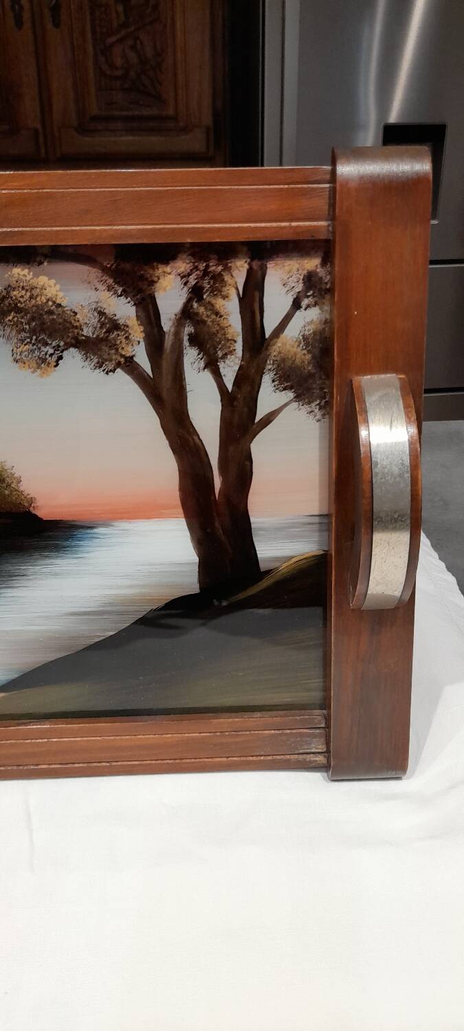 Painted wooden tray. Art Deco, signed Dope