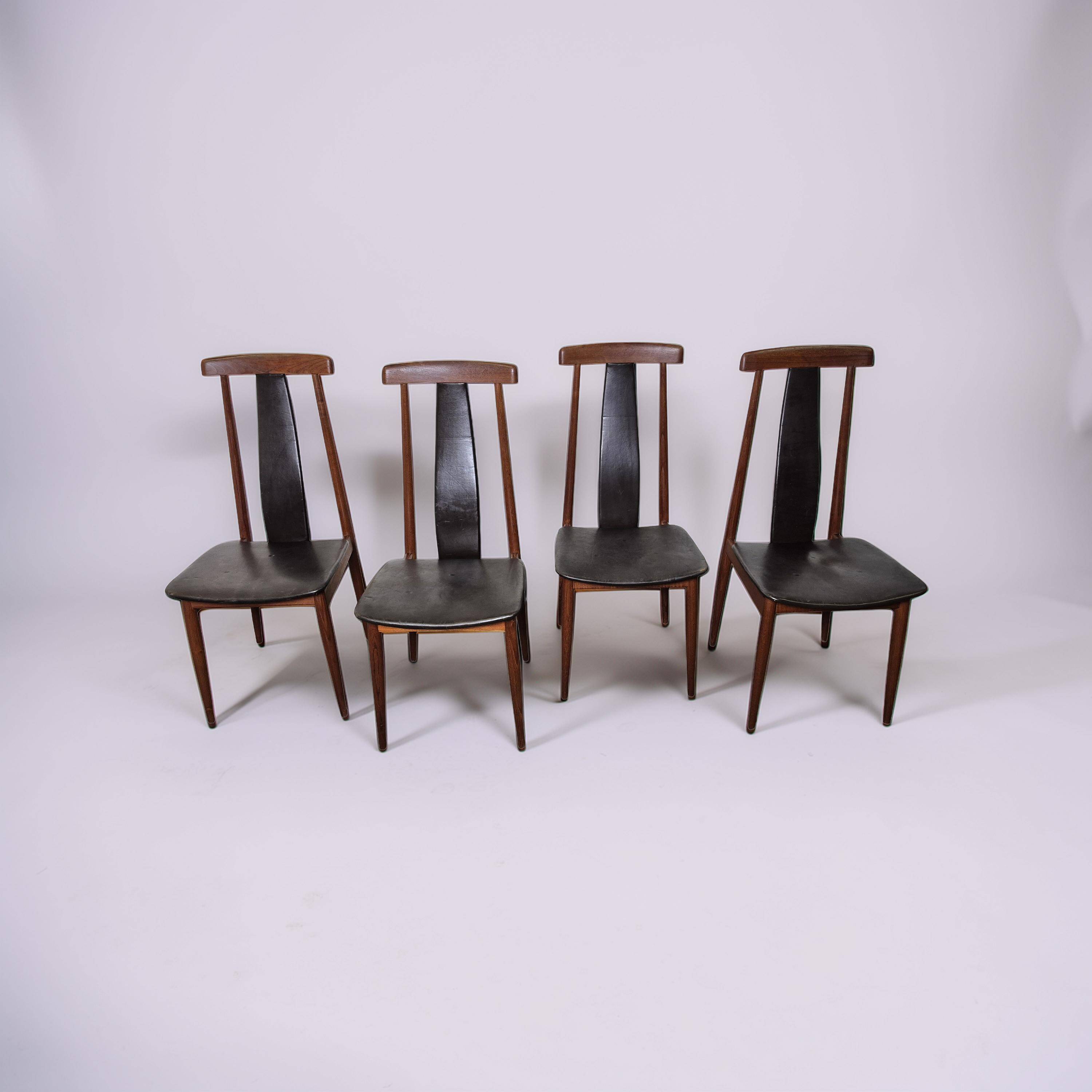Set of 4 teak and leather dining chairs, Denmark 1960s