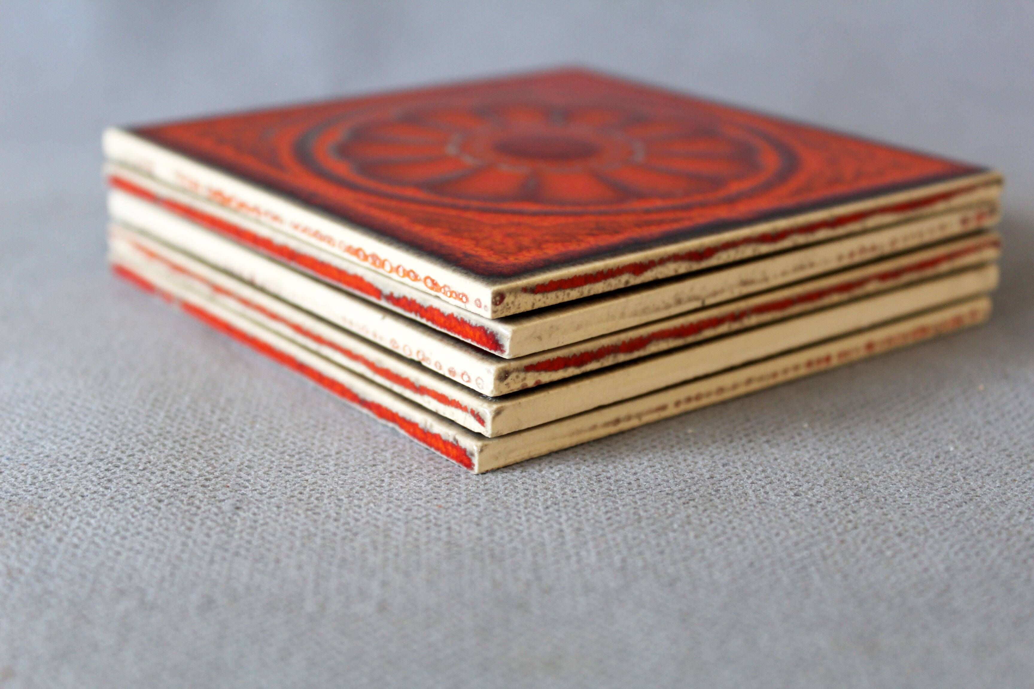 Vintage 5 Villeroy and Boch small tiles, 1960s-70s, orange flowers