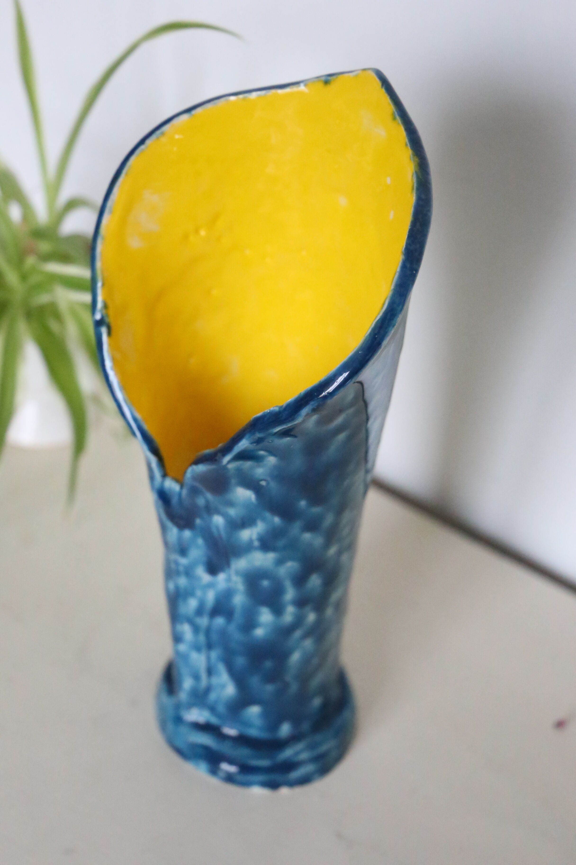 Handmade ceramic vase, glazed blue and yellow, vintage