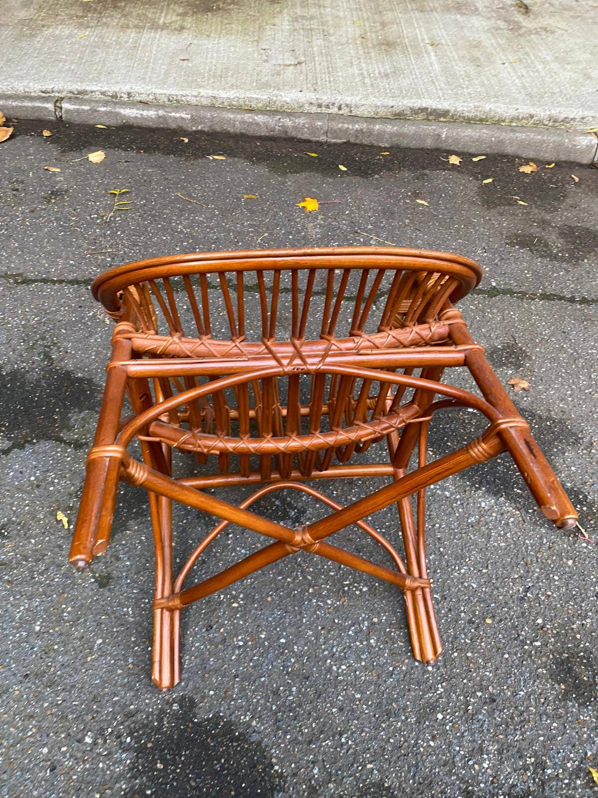Adult rattan and wicker armchair, 1975, with beige cushion