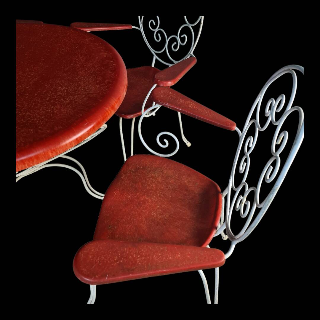 Rare 1950s garden furniture set - wrought iron & fibreglass - 5 pieces