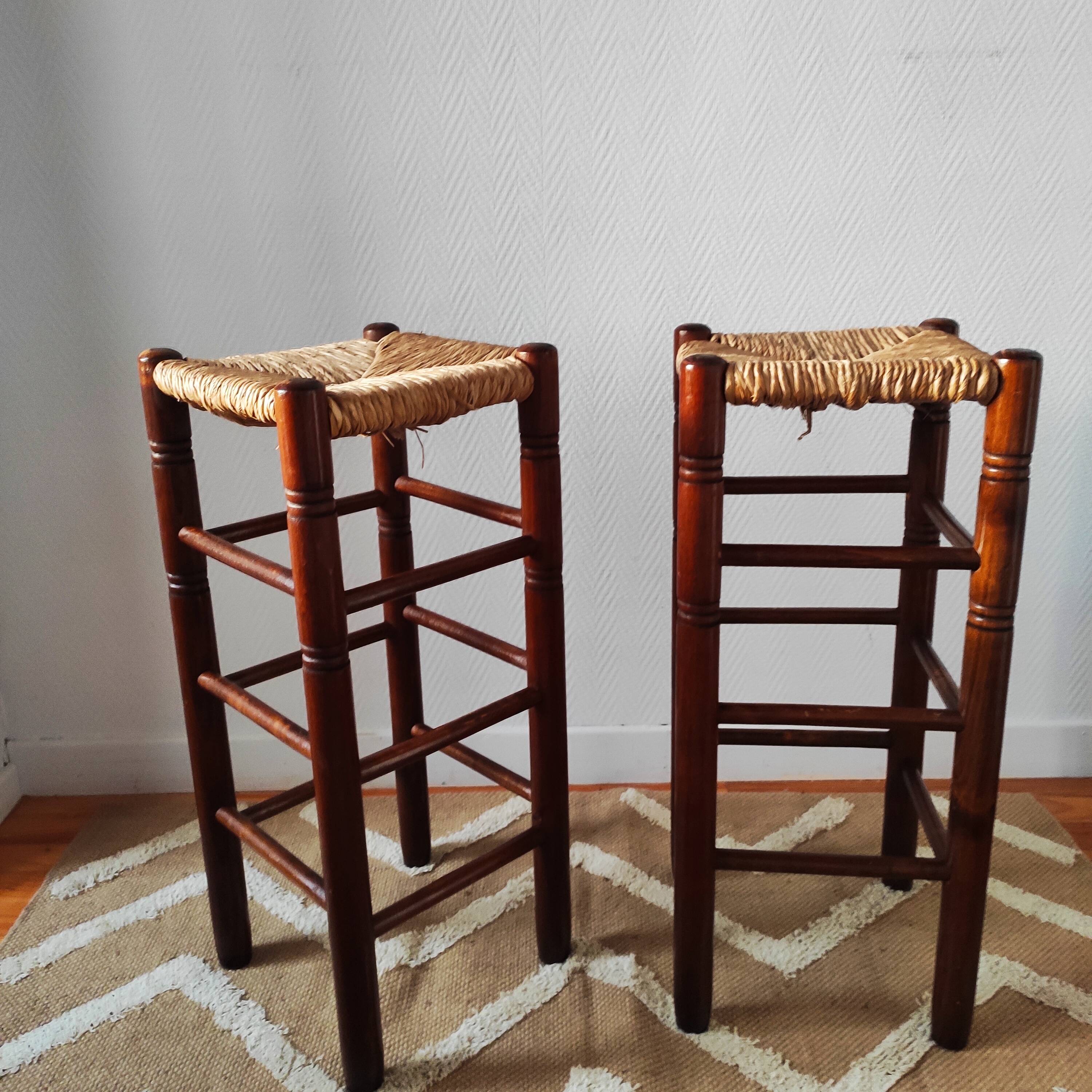 Pair of vintage brutalist stools made of wood and straw, France 1965.