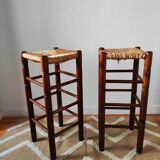 Pair of vintage brutalist stools made of wood and straw, France 1965.