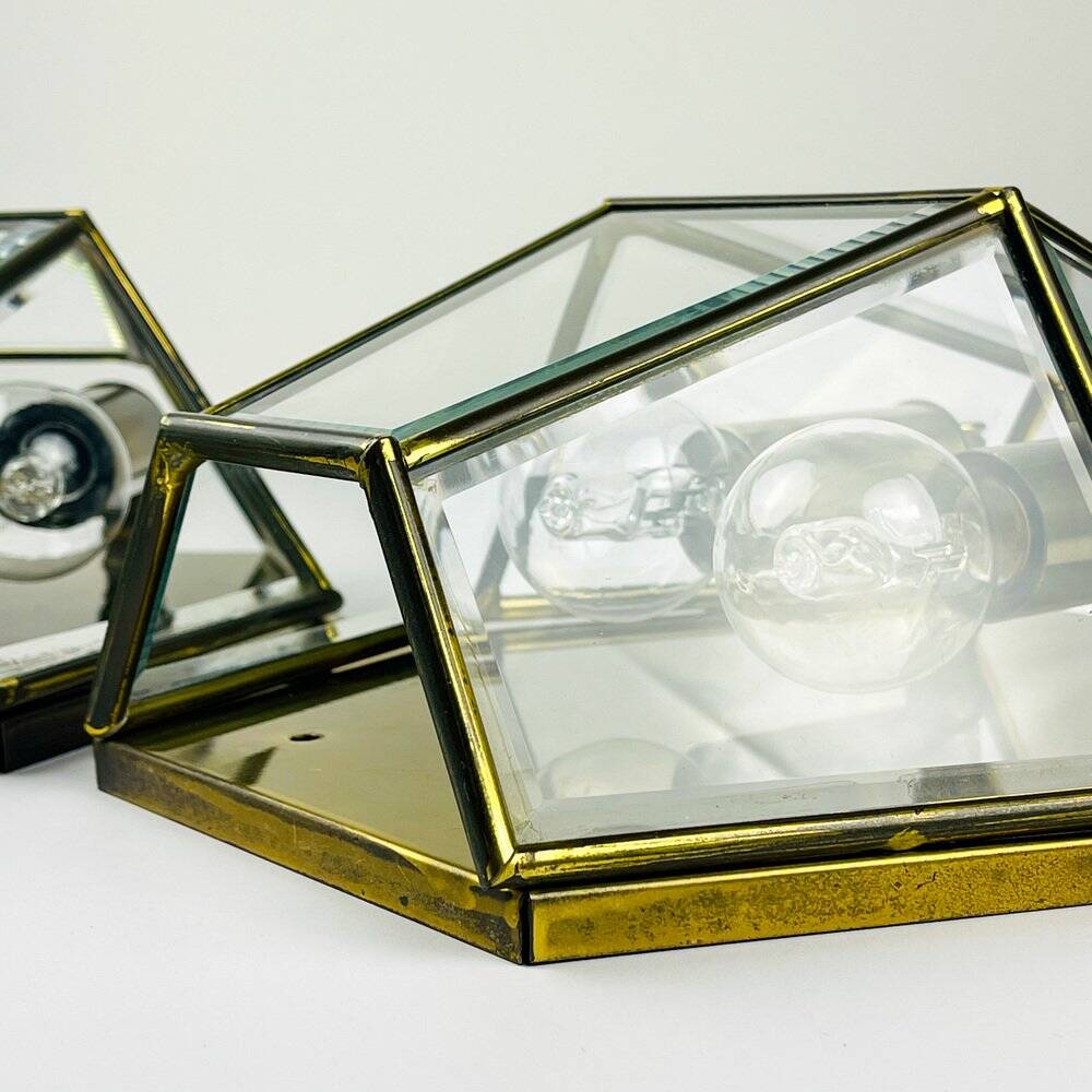 Hexagonal wall sconces in gilded brass and crystal, 1970s, set of 2.