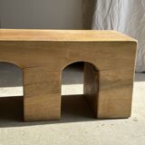 Solid monoxyl wood bench with carved 3-arch base - Natural wood color