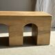 Solid monoxyl wood bench with carved 3-arch base - Natural wood color