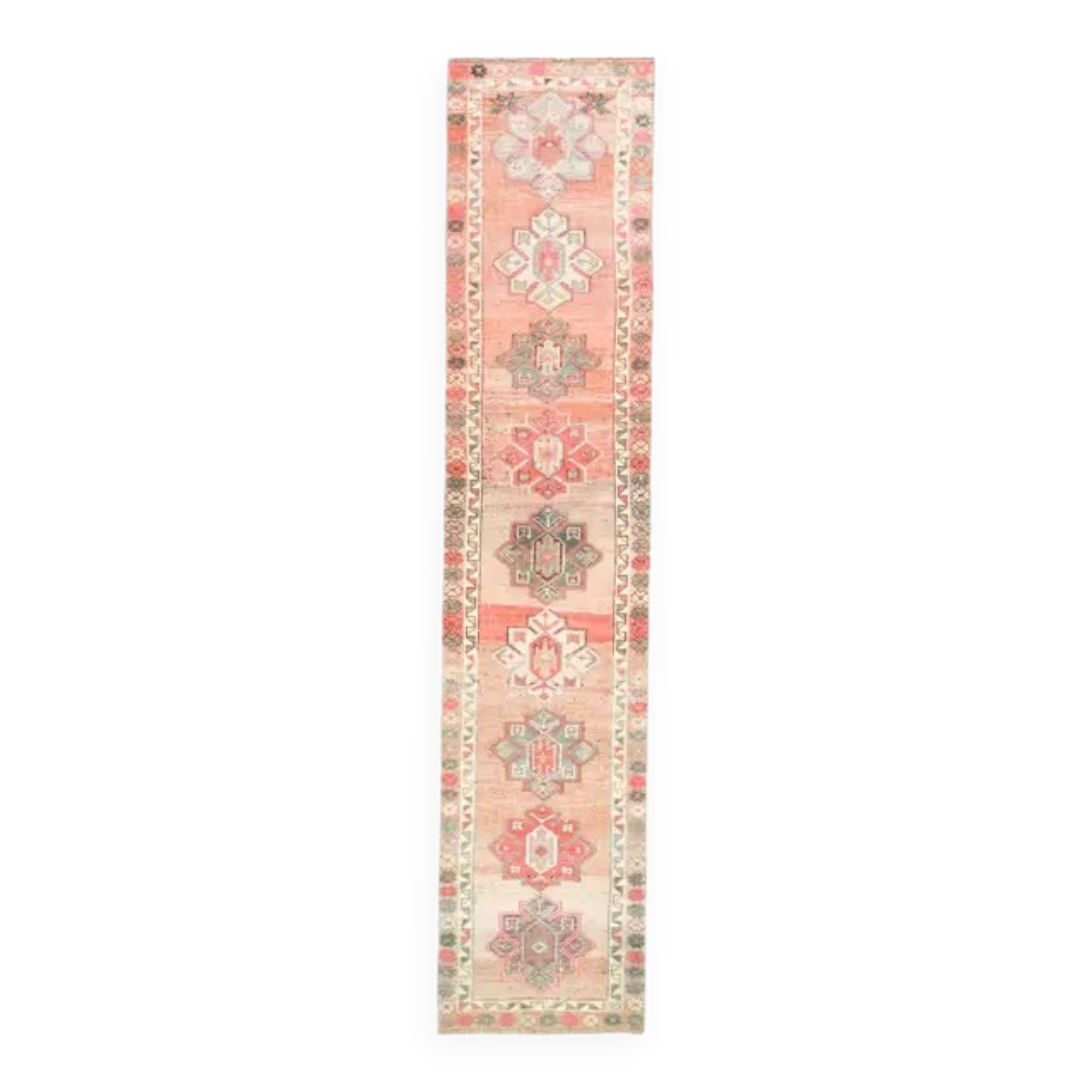 Vintage Turkish Oushak handmade wool cotton pink runner rug 79x372
