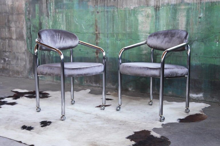 Postmodern chrome armchair grey velvet, casters