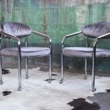 Postmodern chrome armchair grey velvet, casters
